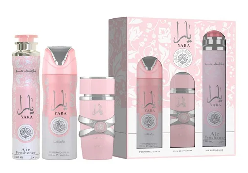Zestaw Lattafa Yara Woda Perfumowana 100ml Spray 200ml Air Freshener 300ml