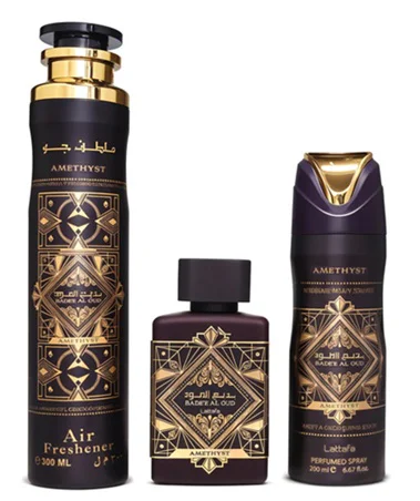 Zestaw Lattafa Bade'E Al Oud Amethyst100ml EDP Deo 200ml Air Freshener300ml
