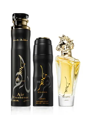 Zestaw Lattafa Maahir 100ml Woda Perfumowana Deo 200ml Air Freshener 300ml