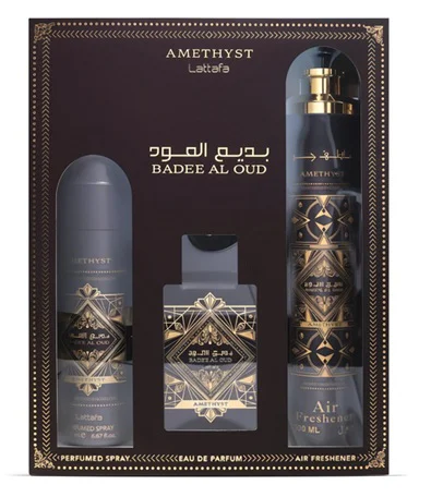 Zestaw Lattafa Bade'E Al Oud Amethyst100ml EDP Deo 200ml Air Freshener300ml
