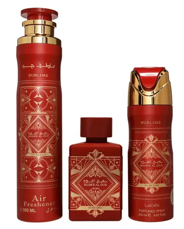 Zestaw Lattafa Bade'E Al Oud Sublime 100ml EDP Deo 200ml Air Freshener300ml