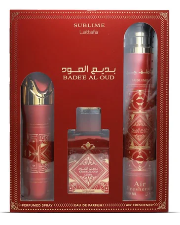 Zestaw Lattafa Bade'E Al Oud Sublime 100ml EDP Deo 200ml Air Freshener300ml