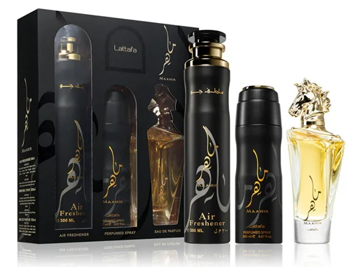 Zestaw Lattafa Maahir 100ml Woda Perfumowana Deo 200ml Air Freshener 300ml
