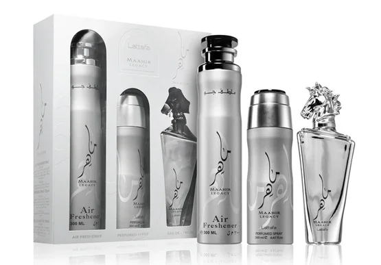 Zestaw Lattafa Maahir Legacy 100ml EDP 200ml Deo 300ml Odświeżacz Powietrza