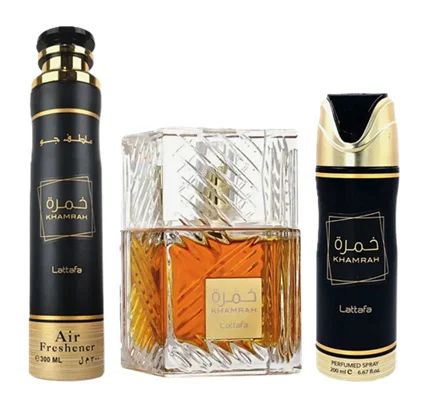 Zestaw Lattafa Khamrah 100ml EDP 200ml Deo 300ml Odświeżacz Powietrza