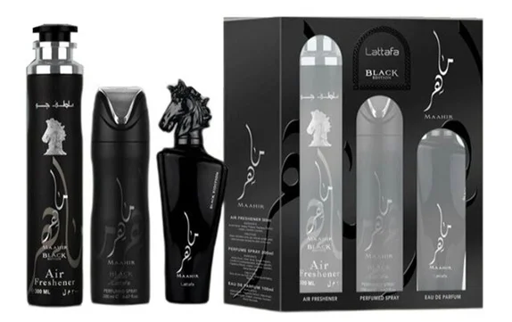 Zestaw Lattafa Maahir Black 100ml EDP 200ml Deo 300ml Odświeżacz Powietrza