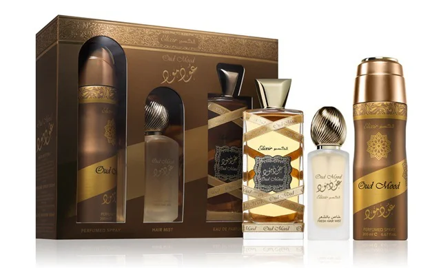 Zestaw Lattafa Oud Mood Elixir 100ml EDP 200ml Deo 50ml Spray Do Włosów