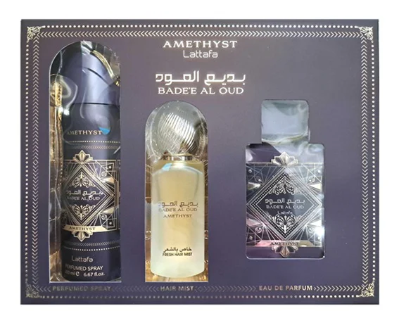 Zestaw Lattafa Badee Al Oud Amethyst 100ml 200ml Deo 50ml Mgiełka Do Włosów