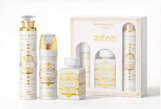 Zestaw Lattafa Bade Al Oud Honor Glory 100ml EDP 200ml Deo 300ml Odświeżacz