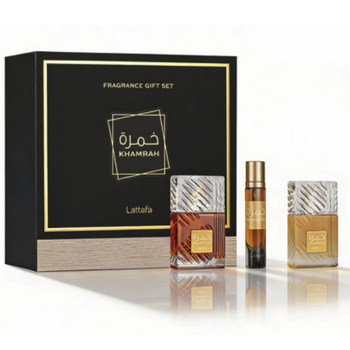 ZESTAW LATTAFA KHAMRAH 100ML EDP 12ML EDP MGIEŁKA DO WŁOSÓW 50ML UNISEX