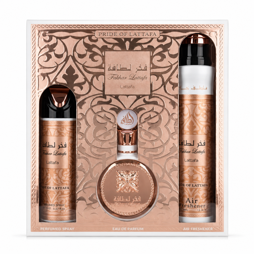 Zestaw Lattafa Fakhar Women 100ml 200ml Deo 300ml Odświeżacz Powietrza