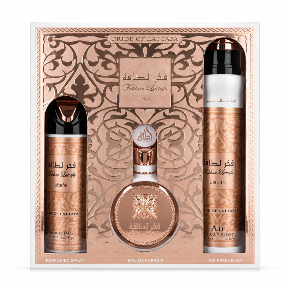 Zestaw Lattafa Fakhar Women 100ml 200ml Deo 300ml Odświeżacz Powietrza