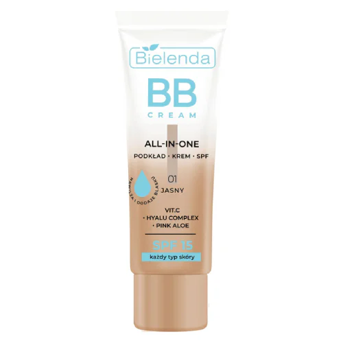 Bielenda BB Cream All in One SPF15 01 Jasny, krem BB i lekki podkład do każdego typu skóry z witaminą C, Hyalu Complex i Różowym Aloesem 30G