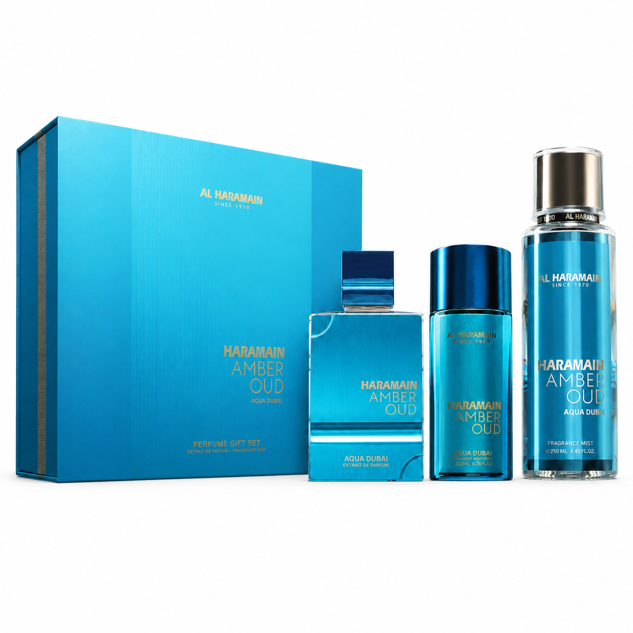 Al Haramain Amber Oud Aqua Dubai zestaw upominkowy unisex 75ml EDP + 250ml Mgiełka + 30ml Spray