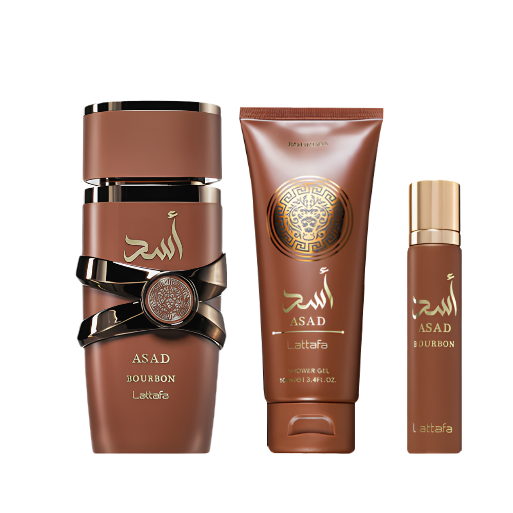 Zestaw Lattafa Asad Bourbon 100ml EDP 12ml EDP Żel Pod Prysznic 100ml