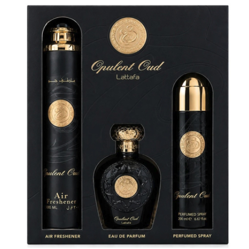 Zestaw Lattafa Opulent Oud Woda Perfumowana 100ml Deo 200ml Odświeżacz300ml