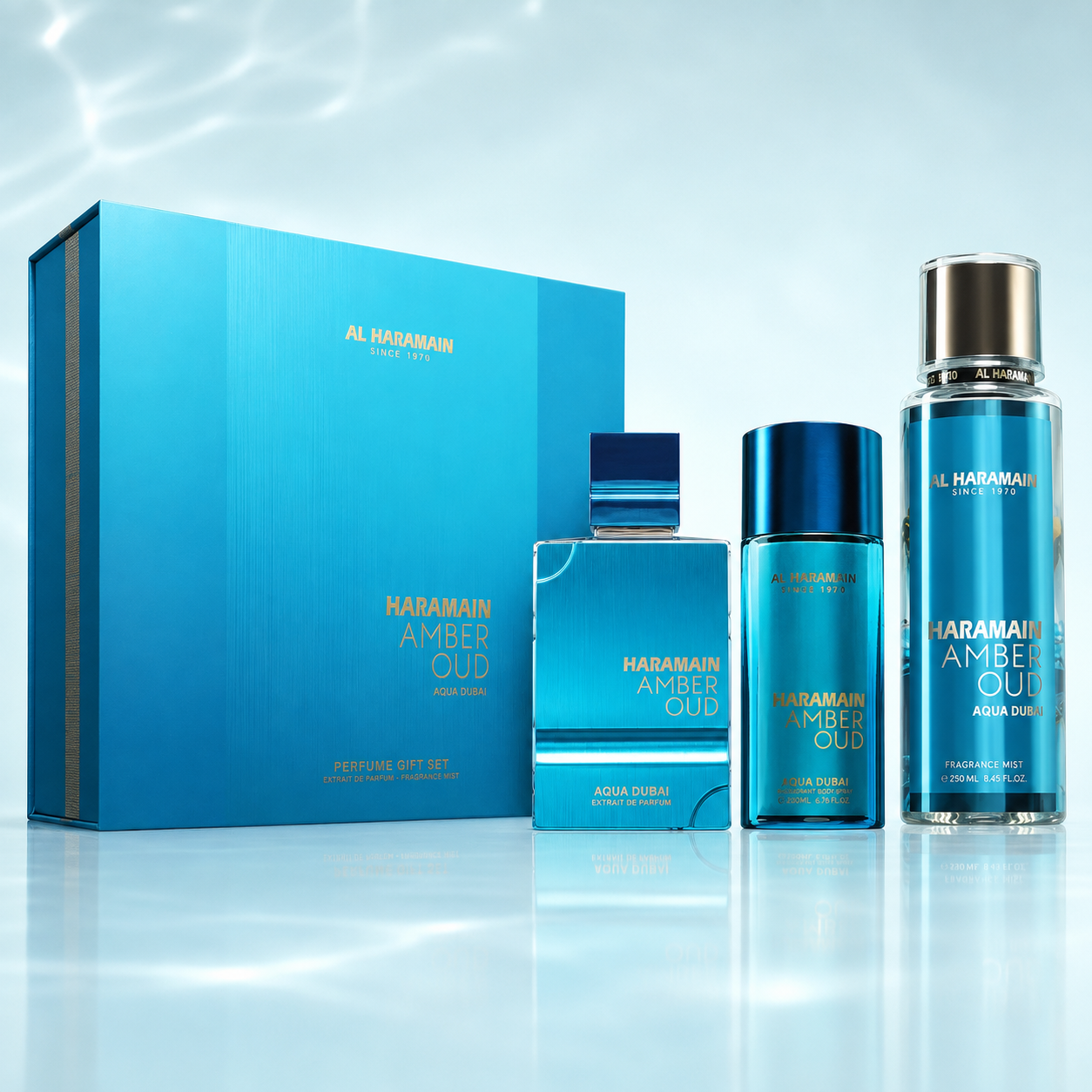 Al Haramain Amber Oud Aqua Dubai zestaw upominkowy unisex 75ml EDP + 250ml Mgiełka + 30ml Spray